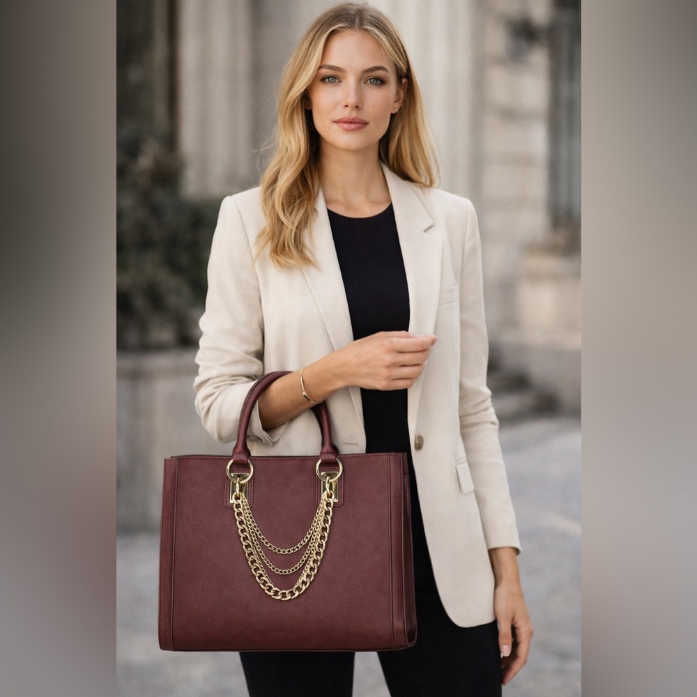 Bradley Satchel Plum Large Handbag With Gold Chain NWOT